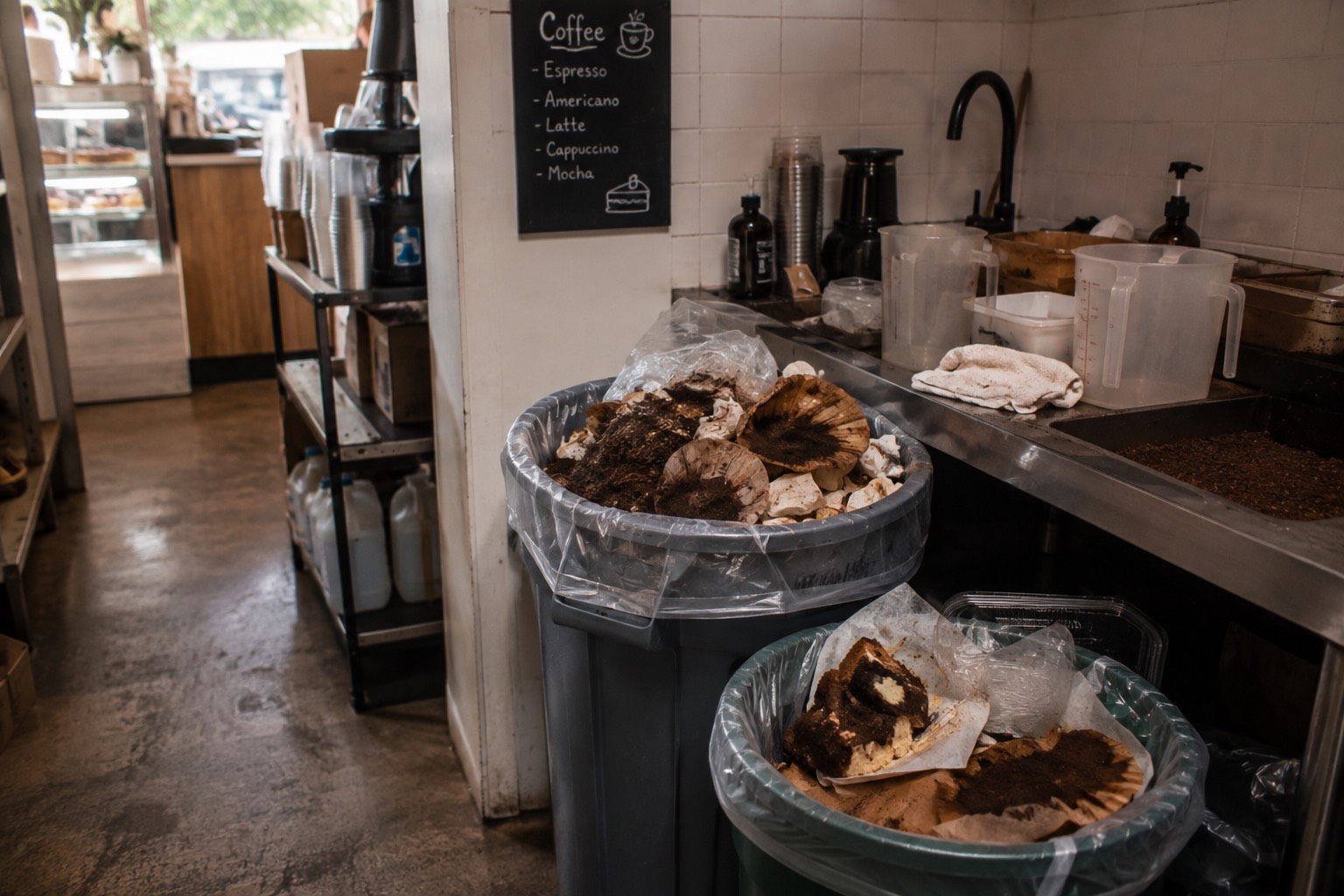 Bins of spent coffee grounds and used filters discarded behind a cafe counter